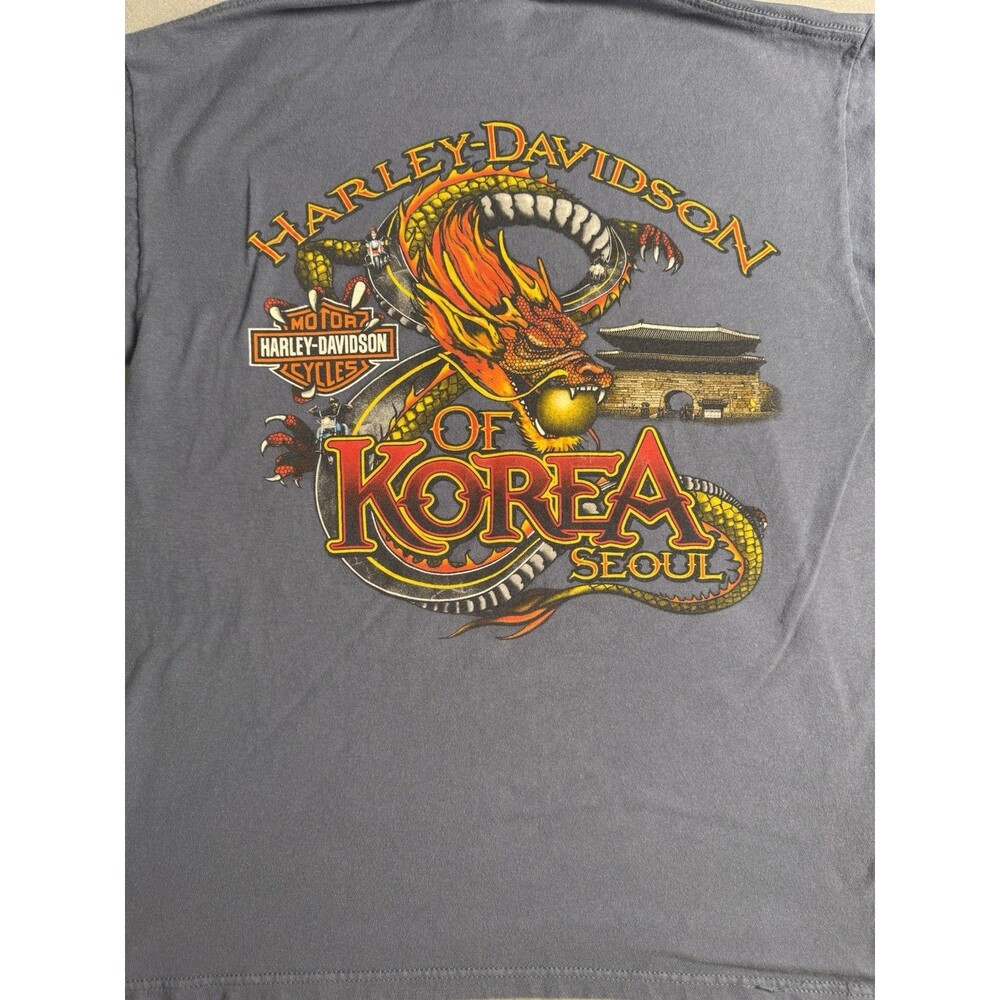 Harley-Davidson Shirt Mens M Blue Dragon Seoul Korea Graphic Motorcycle Y2K